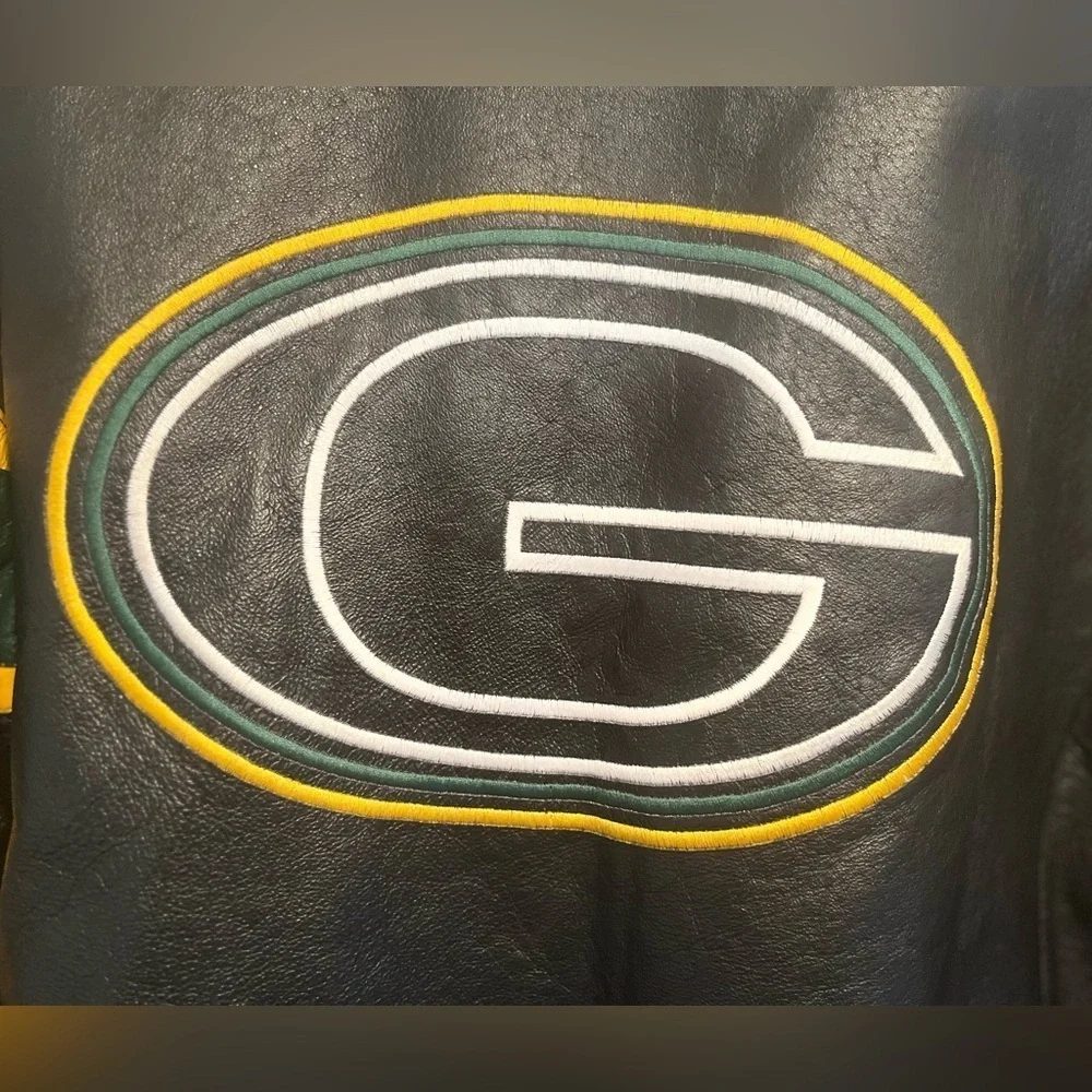 Vintage 90s Green Bay Packers Pro Player Leather Black Jacket Size Medium Rare
